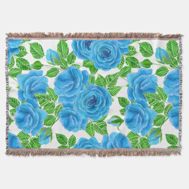 Blue roses watercolor seamless pattern throw blanket (Front)