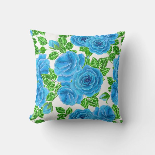 Blue roses watercolor seamless pattern throw pillow (Front)