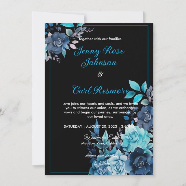 Blue Roses Watercolor Wedding Invitation (Front)