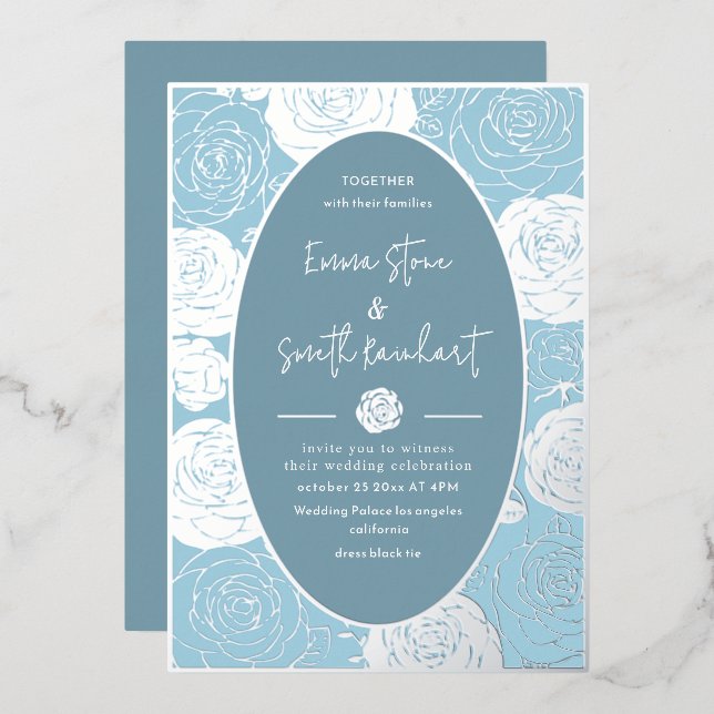Blue Roses Wedding Foil Invitation (Front/Back)