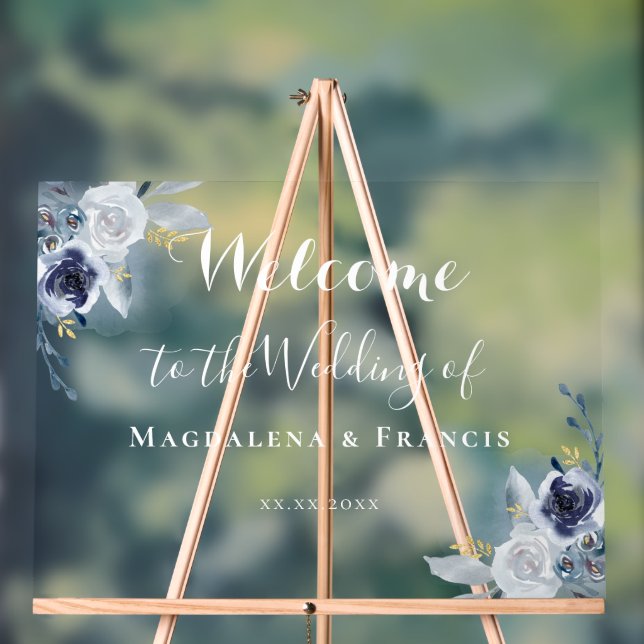  blue roses wedding welcome acrylic sign (Neutral)