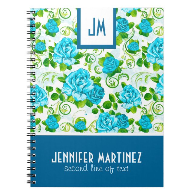 Blue Roses White Background Monogram Notebook (Front)