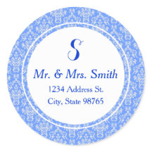 Blue Round Damask Address Label Sticker