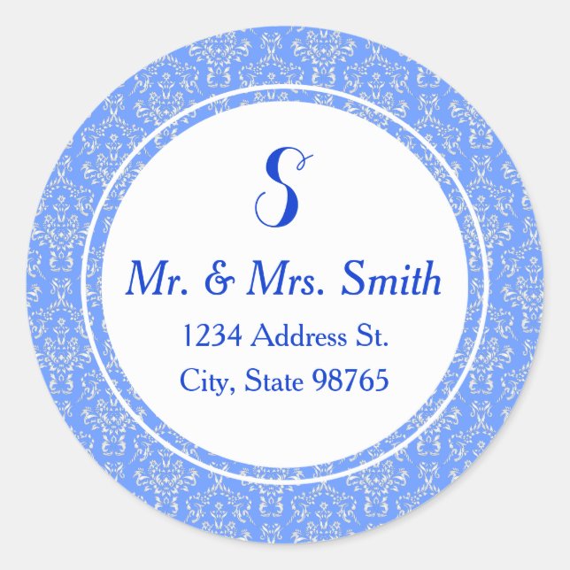 Blue Round Damask Address Label Sticker (Front)