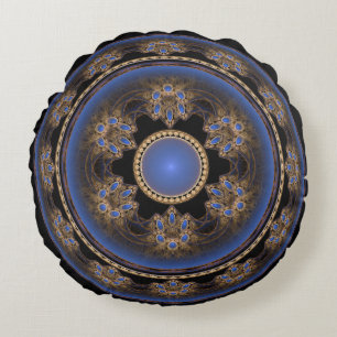 Blue round fractal visual pattern pillow