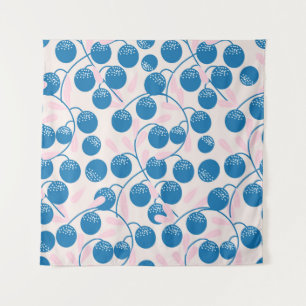 Blue round fruits with pink leaves,in a seamless p tapestry