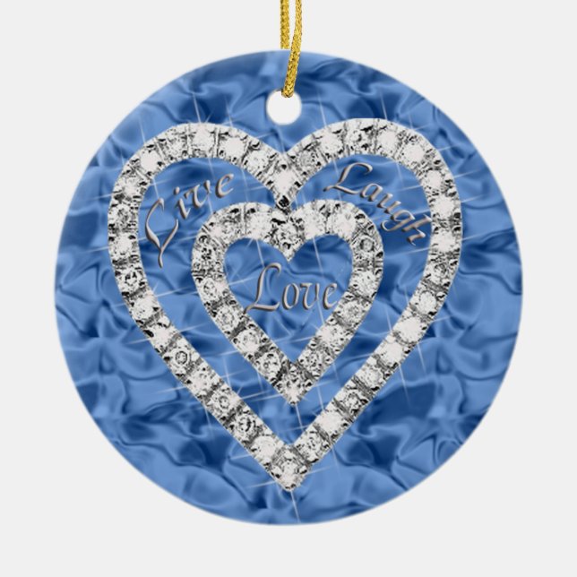 Blue Round Live Laugh Love Diamond Heart Ornament (Front)