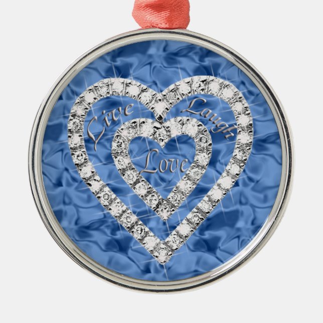 Blue Round Live Laugh Love Diamond Heart Ornament (Front)