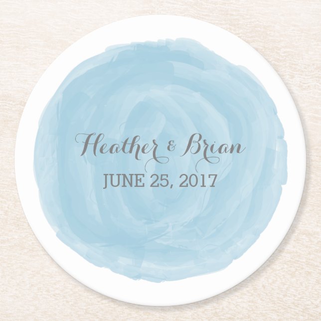 Blue Round Watercolor Wedding Paper Coasters (Front)