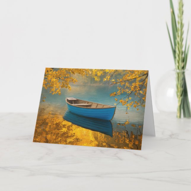 Blue Rowboat On Autumn Lake Birthday Card (Front)