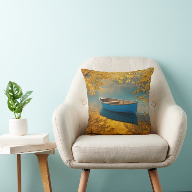 Blue Rowboat On Golden Lake Throw Pillow (Chair)