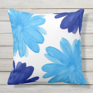 Blue Royal Blue Watercolor Flowers Outdoor Pillow