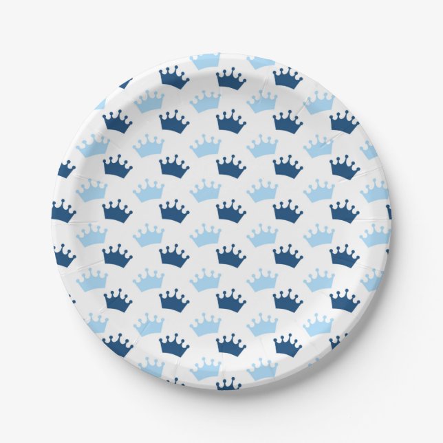 Blue Royal Crowns Fairytale Prince Baby Shower Paper Plate (Front)