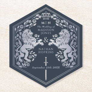 Blue Royal Lion Medieval Sword Wedding Paper Coaster