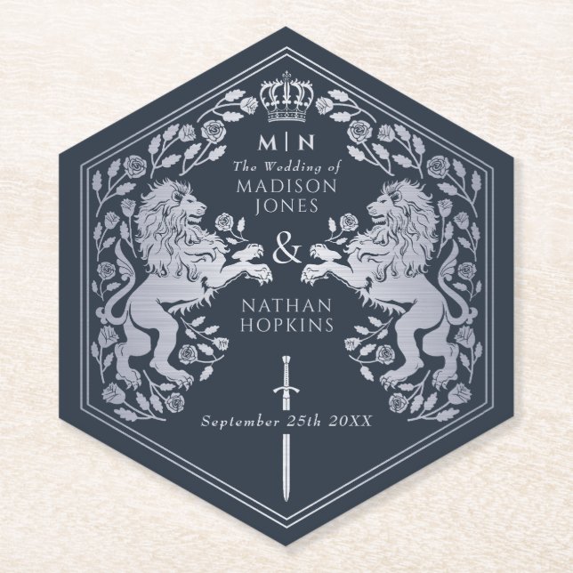 Blue Royal Lion Medieval Sword Wedding Paper Coaster (Front)