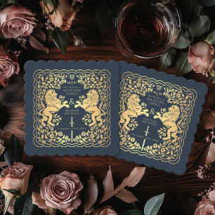 Blue Royal Lion Medieval Sword Wedding Paper Coaster