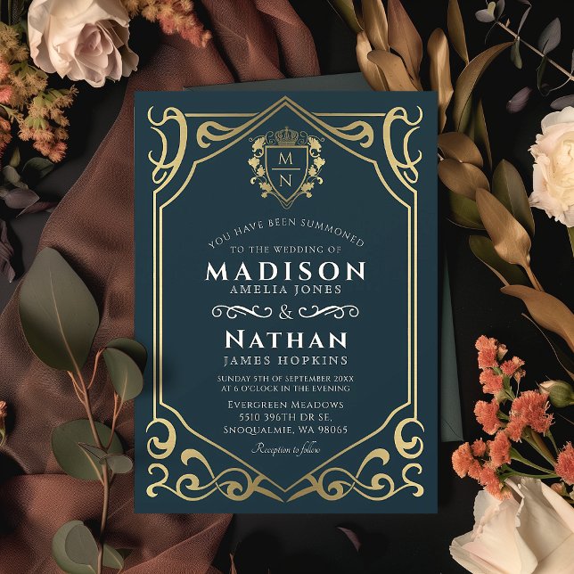 Blue Royal Medieval Fantasy Monogram Wedding  Invitation (Creator Uploaded)