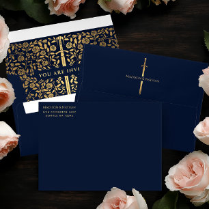 Blue Royal Medieval Gold Sword Wedding Envelope