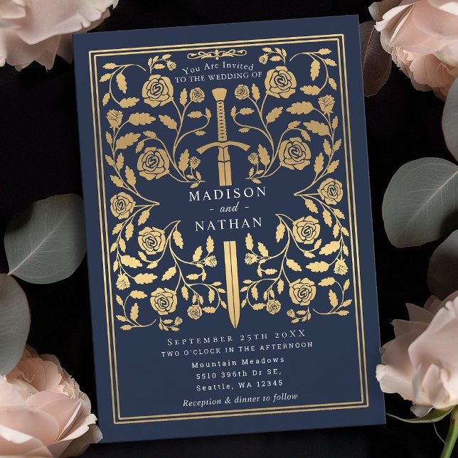 Blue Royal Medieval Gold Sword Wedding Invitation (Creator Uploaded)
