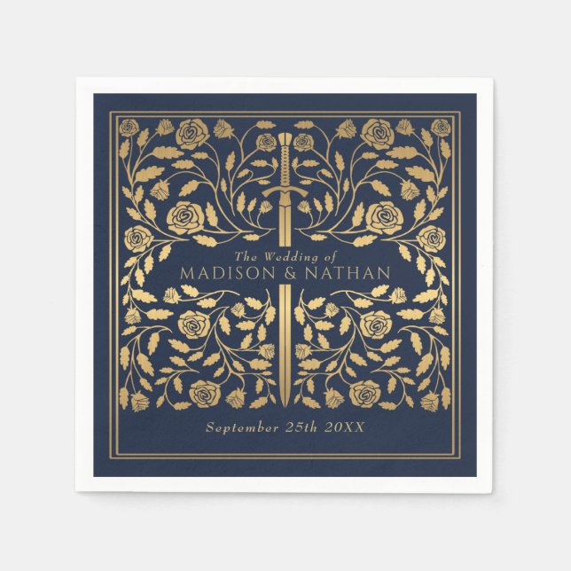 Blue Royal Medieval Gold Sword Wedding Napkin (Front)