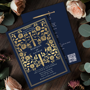 Blue Royal Medieval Gold Sword Wedding QR Code Invitation