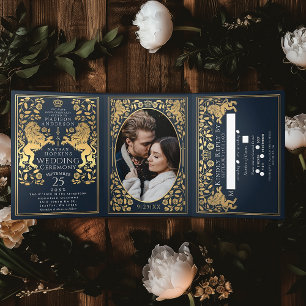 Blue Royal Medieval Lion Wedding Tri-Fold Invitation