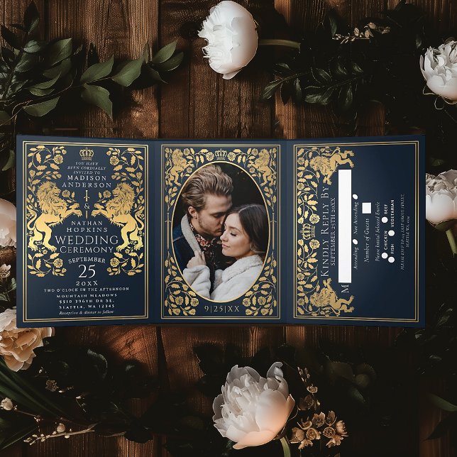 Blue Royal Medieval Lion Wedding Tri-Fold Invitation (Creator Uploaded)