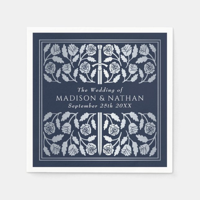 Blue Royal Medieval Silver Sword Wedding Napkin (Front)