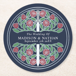 Blue Royal Medieval Silver Sword Wedding Round Paper Coaster