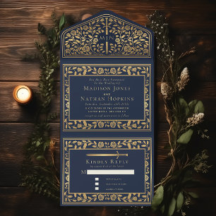 Blue Royal Medieval Sword Wedding  All In One Invitation