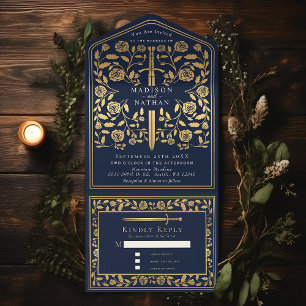 Blue Royal Medieval Sword Wedding  All In One Invitation