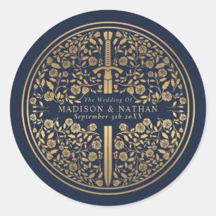Blue Royal Medieval Sword Wedding Classic Round Sticker