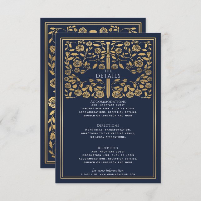 Blue Royal Medieval Sword Wedding Details  Enclosure Card (Front/Back)
