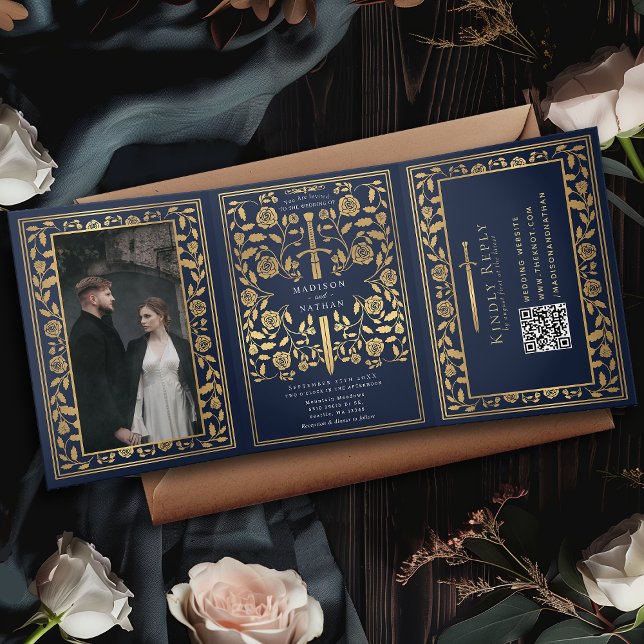 Blue Royal Medieval Sword Wedding QR Code Tri-Fold Invitation (Creator Uploaded)