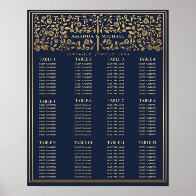 Blue Royal Medieval Sword Wedding Seating Chart (Front)