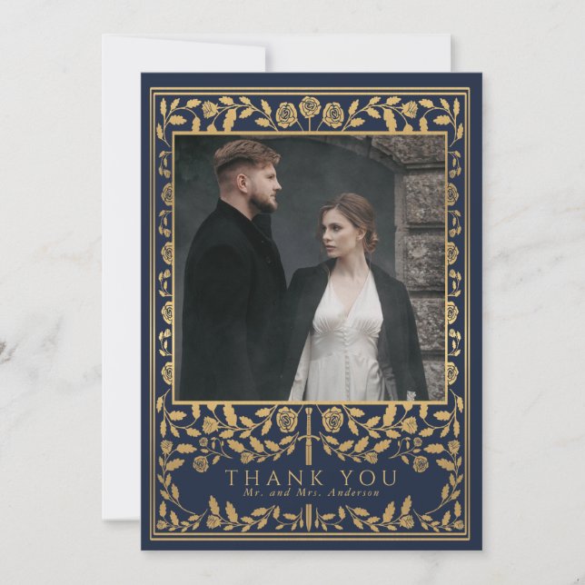 Blue Royal Medieval Sword Wedding  Thank You Card (Front)