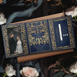 Blue Royal Medieval Sword Wedding Tri-Fold Invitation<br><div class="desc">Announce your wedding in style with this medieval fantasy tri-fold invitation! This invite features a majestic gold sword and florals, with a special photo of the couple against a blue background—the perfect mix of romance and adventure. NOTE: This design does NOT feature real foil. The placeholder image was provided by...</div>