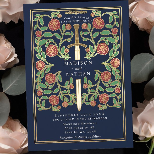 Blue Royal Sword Floral Medieval Fantasy Wedding  Invitation (Creator Uploaded)