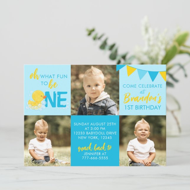 Blue Rubber Duck 3 Photo Birthday Invitation (Standing Front)