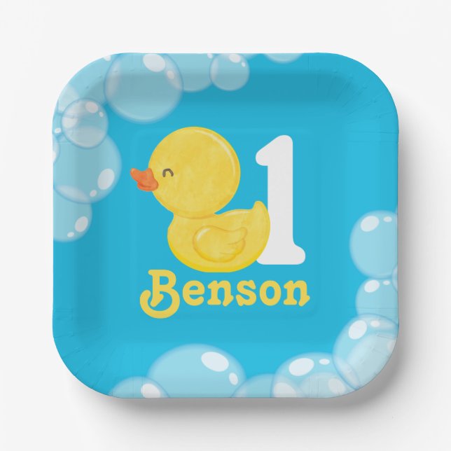 Blue Rubber Duck Personalized Birthday Paper Plate (Front)