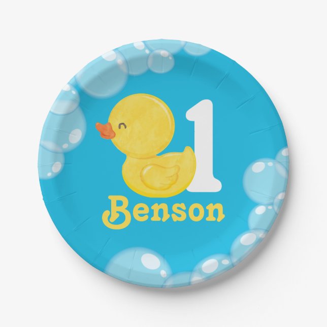 Blue Rubber Duck Personalized Birthday Paper Plate (Front)