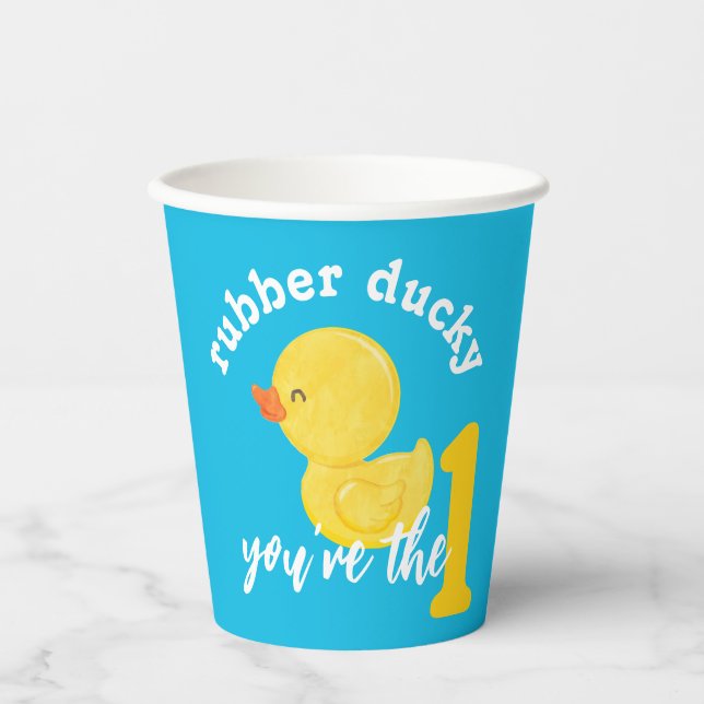 Blue Rubber Ducky You're the One First Birthday Paper Cups (Front)