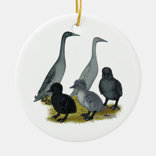 Blue Runner Duck Family Ceramic Ornament (Front)