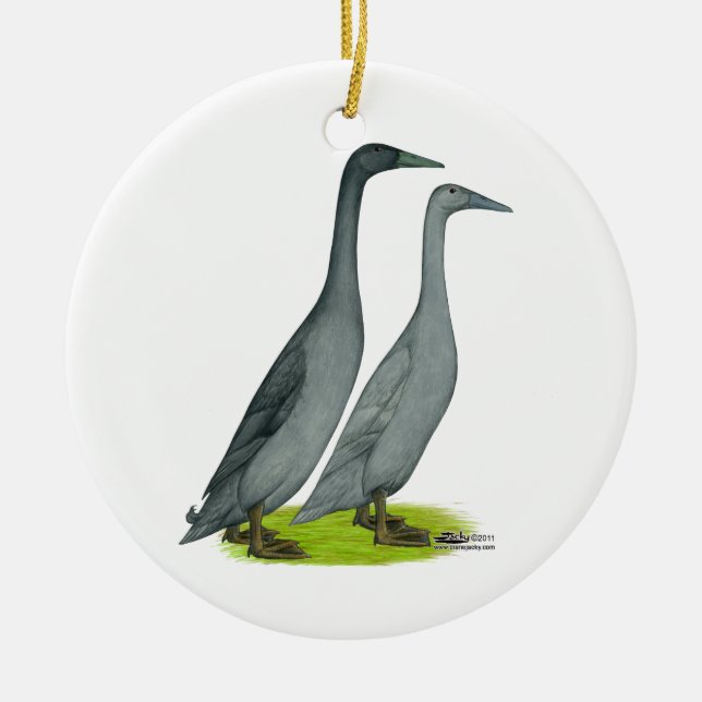 Blue Runner Ducks Ceramic Ornament (Front)