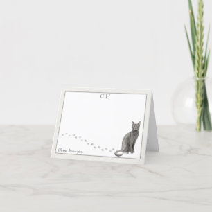 Blue Russian Cat Grey Border Monogram Name Folded Thank You Card