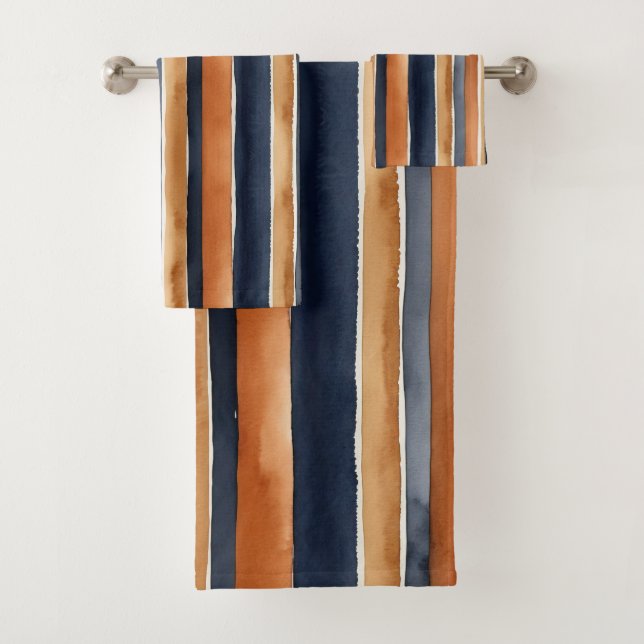 Blue rust and beige watercolor stripes bath towel set (Insitu)