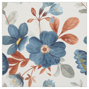 Blue Rust Burnt Orange Watercolor Flowers White Fabric