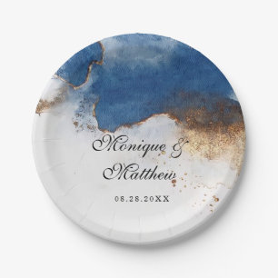 Blue Rust Copper Watercolor Agate Wedding Paper Plate