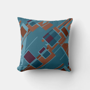 Blue Rust Tan Burgundy Diagonal Art MCM Look Motif Throw Pillow