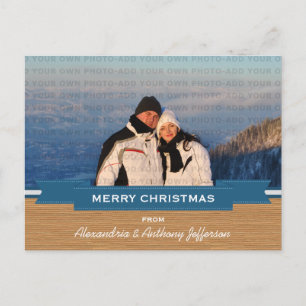 Blue Rustic Banner Holiday Photo Postcard
